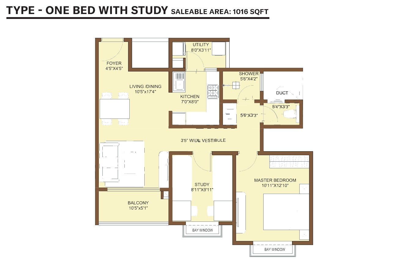 1 Bed + Study floor plan at Nikoo Homes KIADB