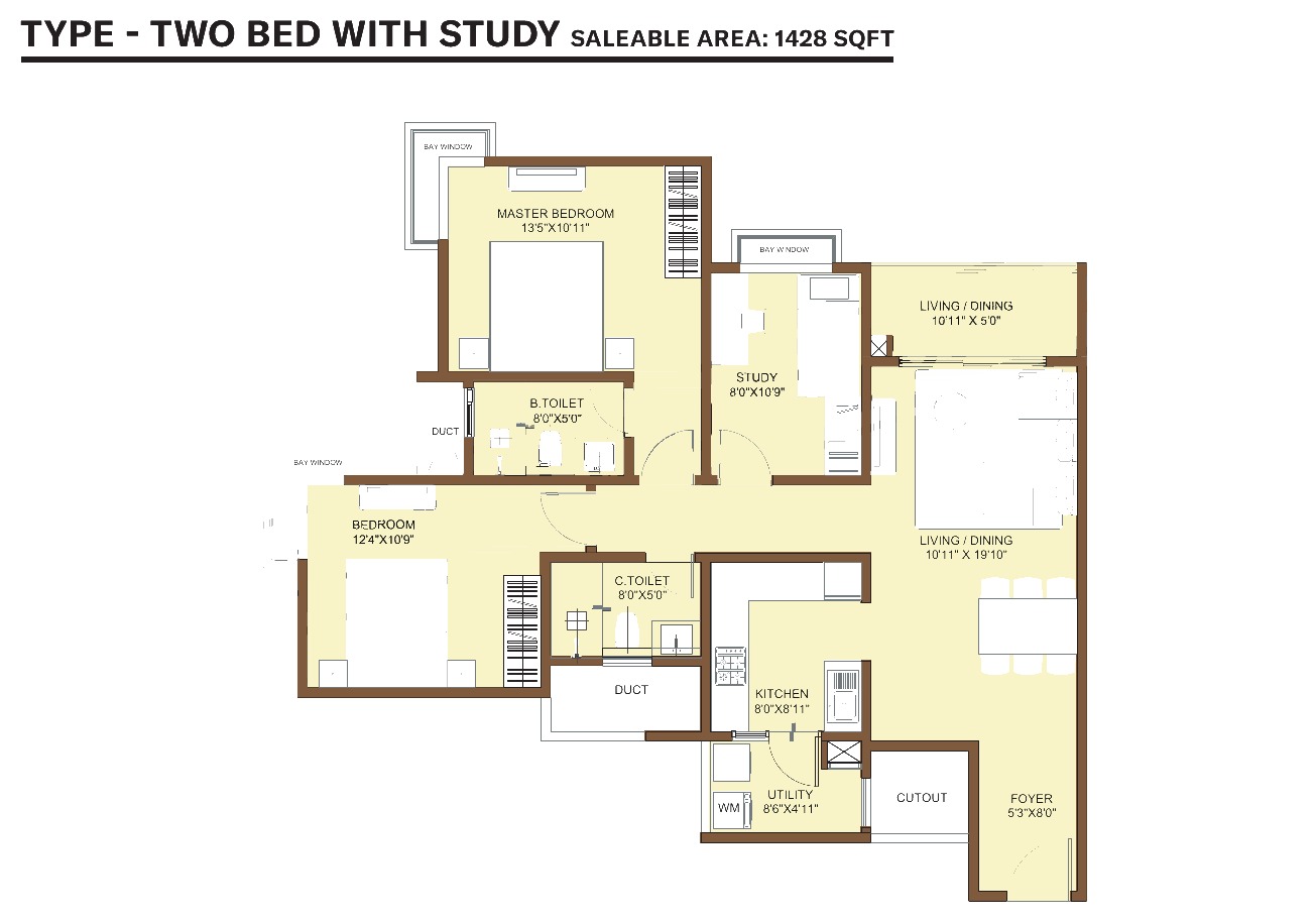 2 Bed + Study floor plan at Nikoo Homes KIADB