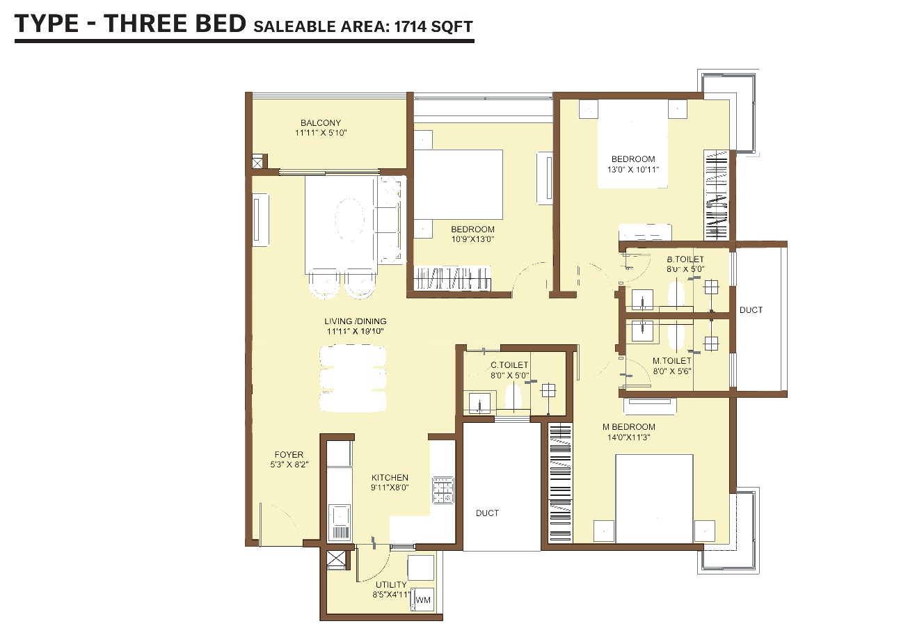 3 Bed floor plan at Nikoo Homes KIADB