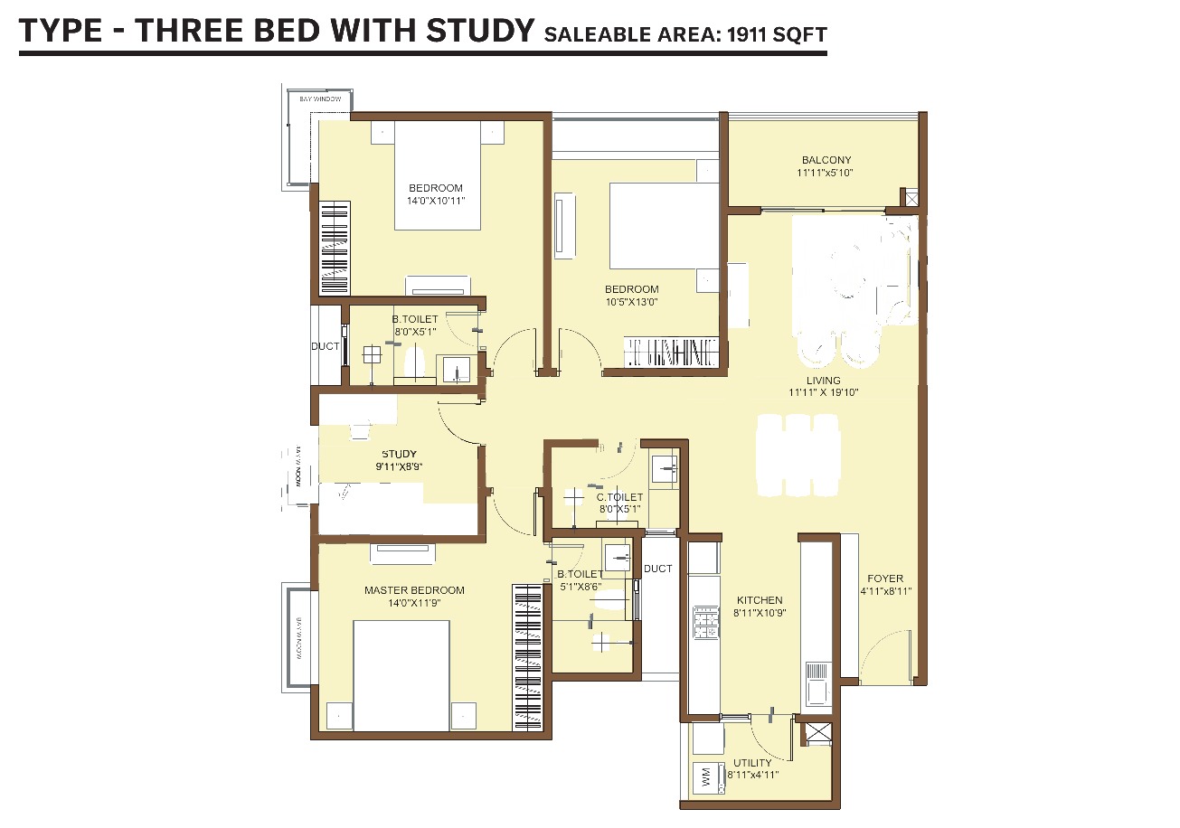3 Bed + Study floor plan at Nikoo Homes KIADB